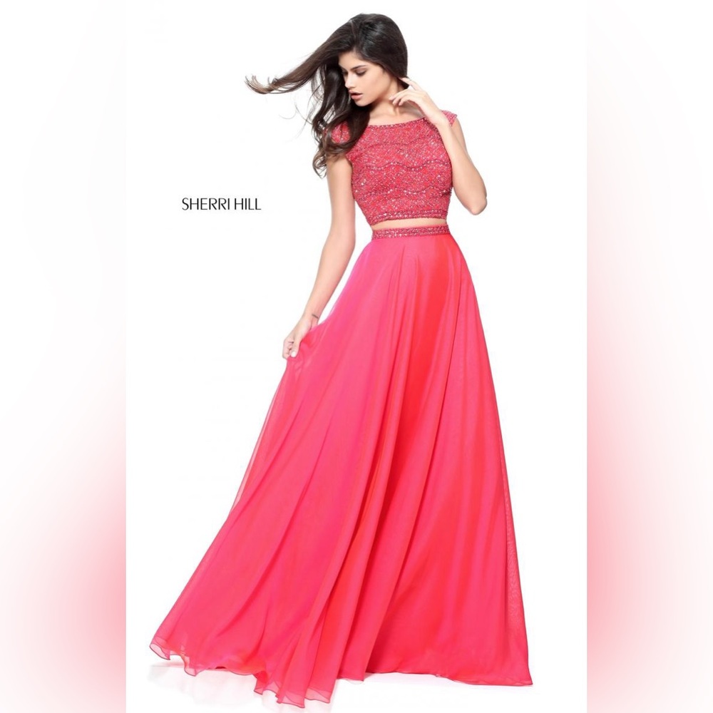 Sherri Hill Embroidered Coral Pink Long Dress (sz 4)